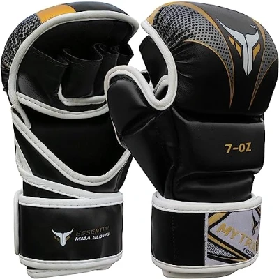 Imagen de Mytra Fusion Guantes MMA con Palma Abierta y muñequera Ajustable, guantillas para Sparring, Grappling, Cage Fighting, Deportes de Combate, Saco Boxeo Artes Marciales (Black Gold, S/M)