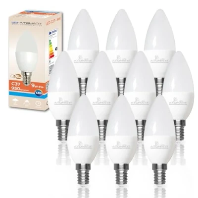 Imagen de LED ATOMANT Pack 10x Bombilla E14 Vela C37 9W, Color Blanco Calido, 950 Lumenes, Casquillo fino, Equivalente a 80W tradicional