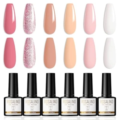 Imagen de ROSALIND Esmaltes Semipermanentes Para Uñas 6 Colores, Pintauñas Rosa Glitter Claro Blanco 8ml Gel Nail Polish Soak Off UV/LED Salones de Manicura DIY y