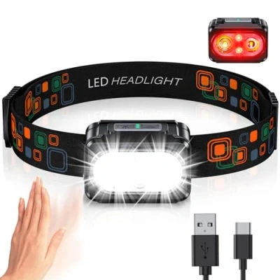 Imagen de ISEYOU Linterna Frontal, Frontal LED Recargable con Luz Rojo &amp; Sensor de Movimiento, 5 Modos Iluminación y Impermeable IPX4, Super Brillante Cabeza para Correr, Camping, Pesca
