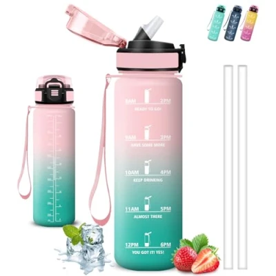 Imagen de Botella Agua Gimnasio, 1 litro, A Prueba de Fugas, Cantimplora con Pajita, Water Bottle Cierre Seguridad, Reutilizable, para la Fitness, Senderismo, Acampada, Deportes, Yoga