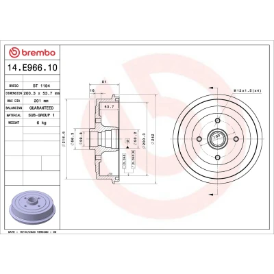 Imagen de BREMBO 14.E966.10 Tambor de Freno sin juego cojinetes rueda 200,3mm DAEWOO: Lanos Berlina