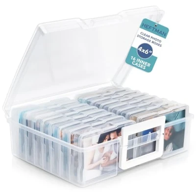 Imagen de HEFTMAN Cajas de almacenamiento fotos 4 x 6 pulgadas, caja transparente con 16 fundas interiores para fotos, capacidad 1600 organizador