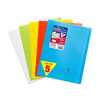 Imagen de Clairefontaine 984450AMZC Lot de 5 Cahiers Agrafés Koverbook 24x32 cm 48 Pages Grands Carreaux Papier Blanc 90 g Couverture Polypro (Bleu, Vert, Rouge, Jaune, Incolore)