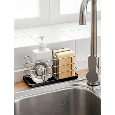 Imagen de Timpou Soporte de Esponja acero Inoxidable 304 Multifuncional para Fregadero Cocina, Organizador Fregadero, Bandeja escurridor, jabonera, Panel Ajustable Colgar（Black）