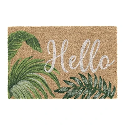 Imagen de Relaxdays Felpudo Coco, Estampado Hello, 60 x 40 cm, Resiste la Intemperie, Tapete Interior Exterior, Natural, Verde