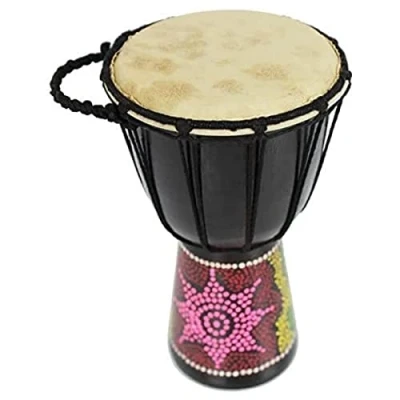 Imagen de a Star Tambor Africano Djembe Pintado Colorido de 5 Pulgadas Auténtico Hecho Mano, Cuerda Afinada, Parche Piel Natural 25 cm Altura, 13 Diámetro