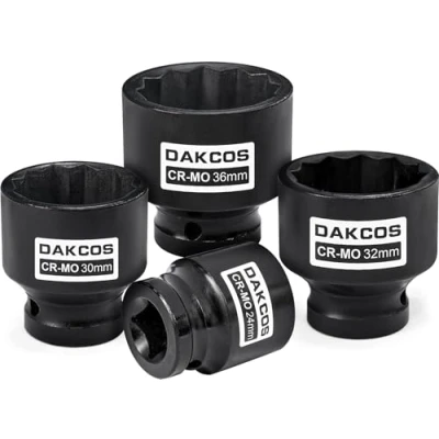 Imagen de DAKCOS Juego de 4 tuercas impacto 1/2 pulgada 24 mm, 30 32 36 hexagonales, CR MO