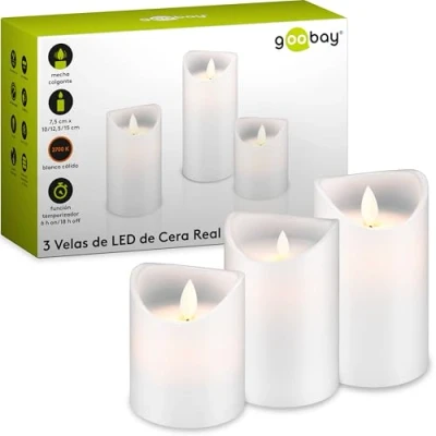 Imagen de Goobay 66541 Velas de Cera Real LED con función Temporizador/Velas Llama móvil y 10, 12,5 15 cm/Juego 3