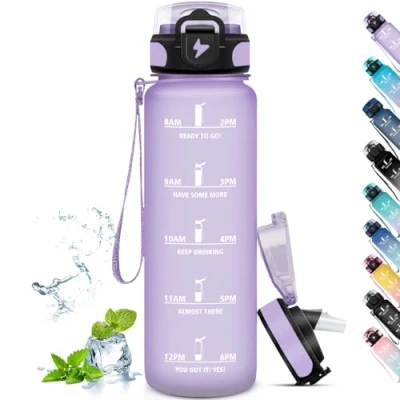 Imagen de Grsta Botella Agua, Agua 1 Litro, Gimnasio, Fácil de Limpiar, con Pajita a Prueba Fugas, Marca Tiempo, para Senderismo, Yoga, Correr, Morado