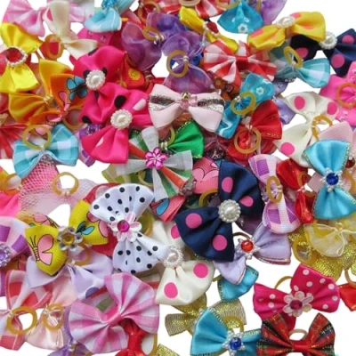 Imagen de 20 lazos Chenkou Craft para perros, con bandas de goma. Mezcla modelos estampados y colores variados