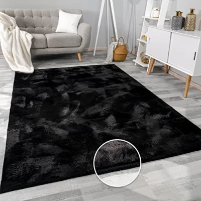 Imagen de Paco Home Alfombra salón Piel Artificial Suave Pelo Largo Lavable Distintos Colores, tamaño:140x200 cm, Color:Negro