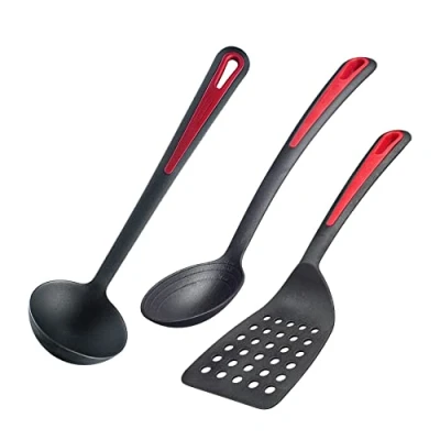 Imagen de Westmark Juego de utensilios cocina, 3 piezas, 1x espátula, cuchara para freír y verduras + cucharón sopero cada una, plástico, Gallant, negro/rojo, 295622E6