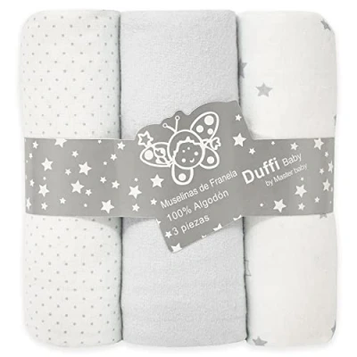 Imagen de Duffi Baby Pack 3 Muselinas Bebe Algodon Estampadas. Set Tres para Bebes Rectangulares 80 x 110 cm. Manta Verano Franela 100% Suave. Toallas Recien Nacido. Gris. 1393 11