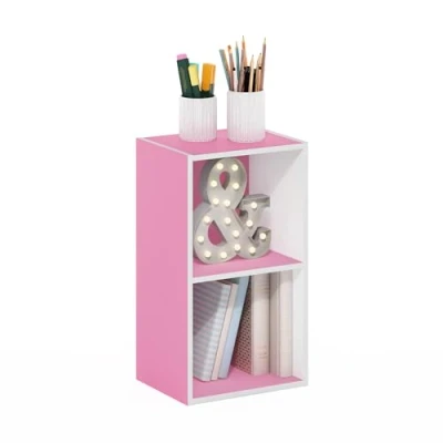 Imagen de Furinno Pasir Estantería Abierta para Almacenamiento Cubitos à 2 Pisos, Blanco/Rosa
