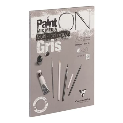 Imagen de Clairefontaine 975810C Bloc Collé PaintON Multi techniques 30 Feuilles Papier Dessin au Grain Légèrement Rugueux Gris A3 29,7x42 cm 250g