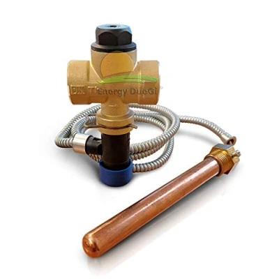 Imagen de Válvula de descarga térmica doble seguridad 3/4&quot; F para calderas combustible sólido, con conexión capilar orientable calibración 97 C