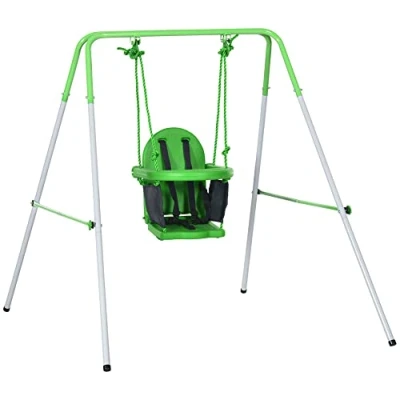 Imagen de Outsunny Columpio Infantil de Acero para Niños 6 36 Meses con Respaldo y Cinturón Seguridad Interiores Exteriores Carga Máx. 25 kg 122x146x122 cm Verde