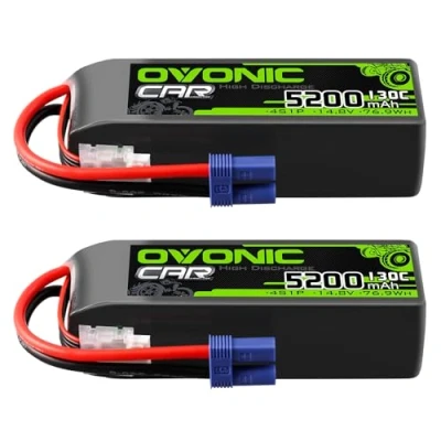 Imagen de OVONIC 4s Lipo Batería de polímero litio (14,8 V, 5200 mAh, 130 C, con conector EC5, para vehículos teledirigidos, camiones, quadcopter, helicópteros, barcos, aviones, 2 unidades)