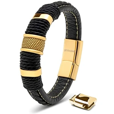 Imagen de SERASAR Pulsera Cuero Hombre Oro 17cm Dorado Chico Pulseras Hombres Brazalete Brazaletes Pulso Muñequera Muñequeras Bisuteria Joyeria Nudos Cuerda Leather Bracelet Jewellery Bandera España