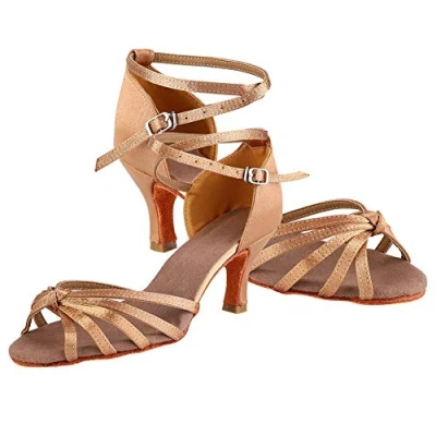 Imagen de mumisuto Zapatos de Baile Latino, Latinos satén Suaves y cómodos, cha a la Moda para Profesores Estudiantes Baile(38 Marrón Claro)