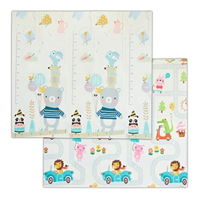 Imagen de Relaxdays Alfombra Juego Niños, Alfombrilla Gateo, Reversible, Estampado Animales, Lavable, 195x175 cm, XPE, Multicolor, Gomaespuma