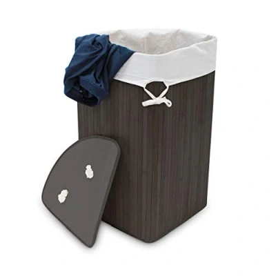 Imagen de Relaxdays Cesto Ropa Sucia Esquinero, Cubo Colada Plegable con Tapa, Canasta, Bambú, 60 L, 65 x 49,5 37 cm, Negro