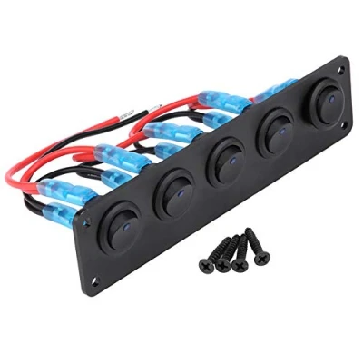Imagen de Panel de interruptores basculantes 5 bandas, Impermeable, interruptor palanca LED azul 12 24V