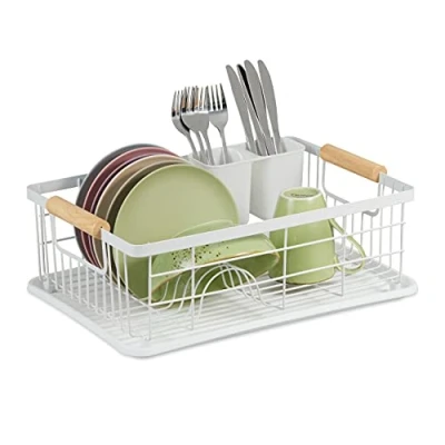 Imagen de Relaxdays Secaplatos, con Cesto de Cubiertos y Bandeja Goteo, Escurridor Platos Plástico, Metal, en Color Blanco, Hierro, 15,5 x 42 31 cm