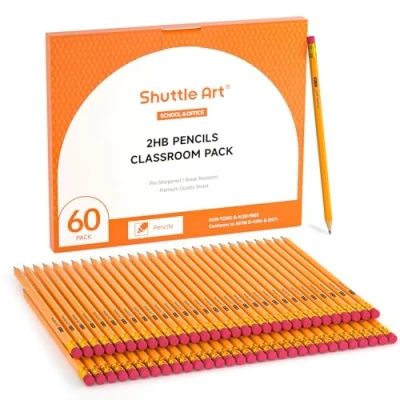 Imagen de Shuttle Art Paquete de 60 lápices, #2 HB, lápices preafilados con borradores superiores, amarillos madera premium a granel para suministros aula y escuela, escritura dibujo