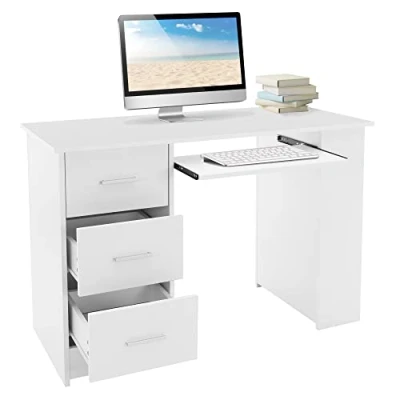 Imagen de ML Design Escritorio con 3 Cajones 110x49x75cm Blanco Tapas de Manijas Gran Espacio Almacenamiento Mesa Trabajo Hueco Teclado Ordenador Portátil PC en Oficina y Homeoffice
