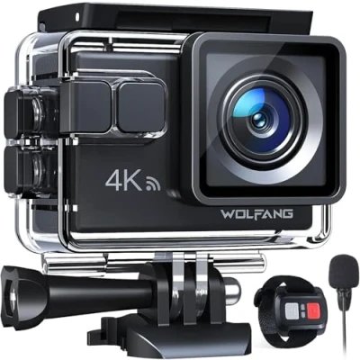 Imagen de WOLFANG Cámara Deportiva GA100 4K 30FPS, Videocámara de Casco WiFi 20MP con EIS Antivibración, Subacuática Buceo 40M Micrófono Dual, Control Remoto, 2 Baterías, Varios Accesorios