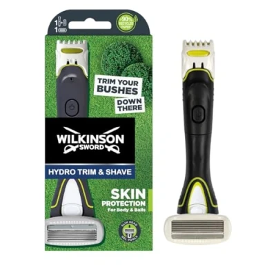 Imagen de Wilkinson Hydro Trimmer Body &amp;Balls Maquinilla de afeitar eléctrica 2 en 1 para hombres Recortadora con 3 ajustes Cabezal 5 cuchillas gel aloe vera
