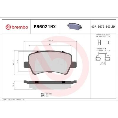 Imagen de BREMBO P86021NX Juego de pastillas freno excl. contacto avisador desgaste con tornillos pinza freno, Chapa antichirridos accesorios