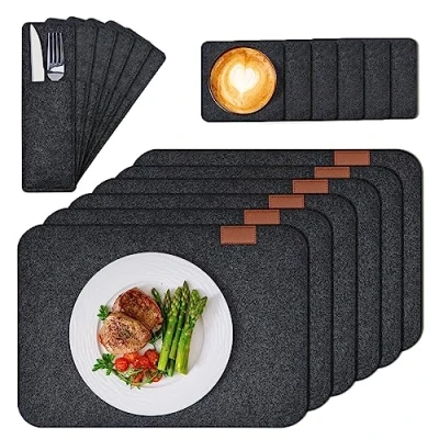 Imagen de Conjunto de 18 manteles Individuales Lavables en Fieltro Antracita. Incluye Posavasos y Estuches para Cubiertos. Práctico Elegante.
