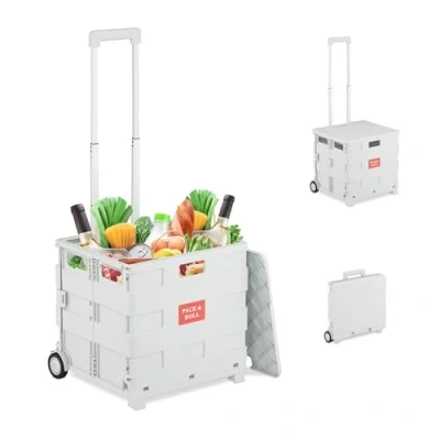 Imagen de Relaxdays Carro de la Compra Plegable, Carrito Transporte con Ruedas y Asa Telescópica, hasta 35 kg, Blanco, 99 x 45,5 37,5 cm
