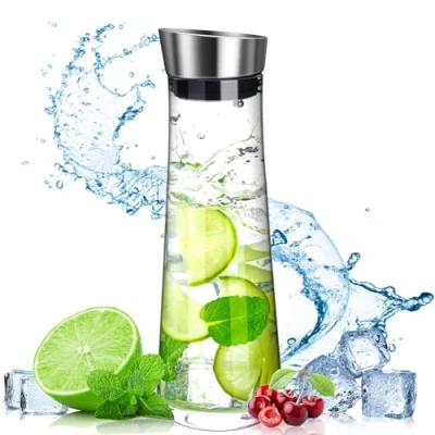 Imagen de POWZOO Jarra de Agua,Botella agua Cristal 1,5 Litros,Botella vidrio con tapa acero inoxidable y vertedor,Jarra Transparente,perfecta para leche, jugo, té,café o tibia.