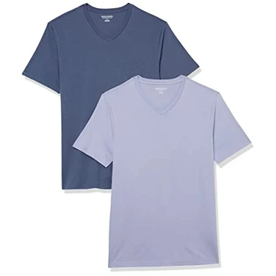Imagen de Amazon Essentials Camisetas de manga corta con cuello pico y corte ajustado Hombre, Pack 2, Azul Oscuro/Lavanda, S
