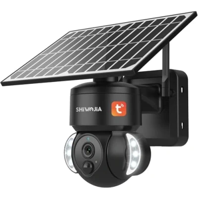 Imagen de SHIWOJIA Camera Tuya Exterior, Cámara de vigilancia WiFi Solar 3MP PTZ Visión Nocturna Color, PIR Detección Humana, Audio Bidireccional IP66, Negro