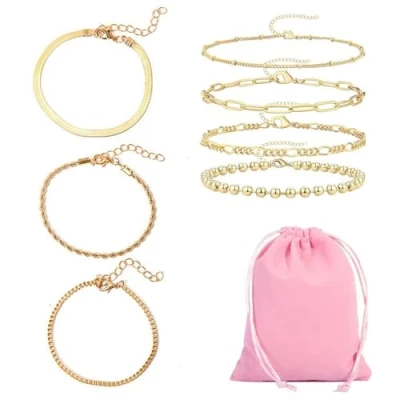 Imagen de TYFGRT 7 Pulseras De Oro, 1 Bolsa Almacenamiento Joyas, Oro con Dijes para Mujer, Decoración Pulsera Apilable, Conjunto Joyas Mano, Accesorios Ropa
