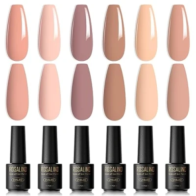 Imagen de ROSALIND Esmaltes Semipermanentes Para Uñas en Gel UV LED,6 Colores Mini Nude Avena Marrón Beige Pintauñas Set de manicura Nail Polish