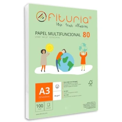 Imagen de Paquete de folios A3 80gr con 100 Hojas Blancas, Papel Multifuncional para Uso Escolar y Entornos Laborales. Ideal impresoras láser, inyección o fotocopiadoras Ofituria