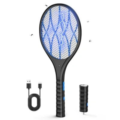 Imagen de AROEVE Raqueta Mosquitos Electrica, 4000V Matamoscas Carga USB, Luz LED, Linterna Desmontable, Protección de 3 Capas, Doble Interruptor, Hogar, Jardín, Negro