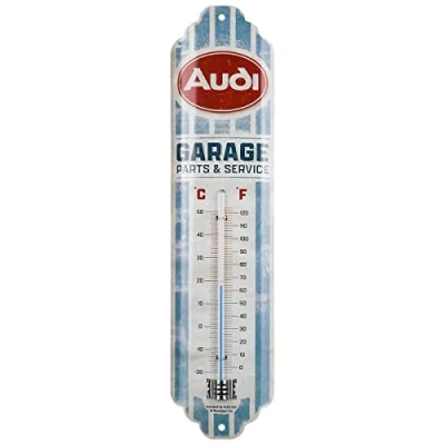 Imagen de Nostalgic Art Termómetro analógico, 7 x 28 cm, Audi Garage Idea de regalo para aficionados a accesorios coches, metal, Diseño vintage
