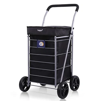 Imagen de Hoppa Carrito de la compra plegable ligero 4 ruedas, modelo 2024, extragrande, capacidad 75,6 L, 95 cm, 4,8 kg, empujar y tirar (negro)