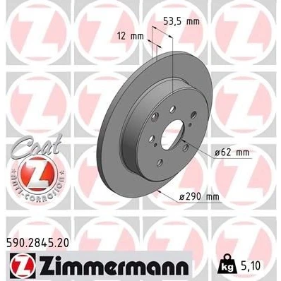 Imagen de ZIMMERMANN 590.2845.20 Disco de freno 290 12 8/5 5 114 macizo revestido TOYOTA: Prius Plus