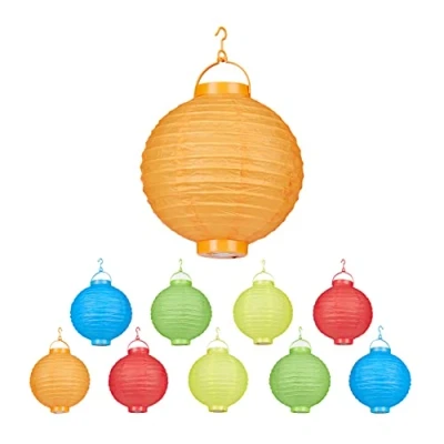 Imagen de Relaxdays Set de 10 farolillos LED, Funcionamiento con pilas, Interior y exterior, Colgante, Lámpara papel, Multicolor, Ø 20 cm