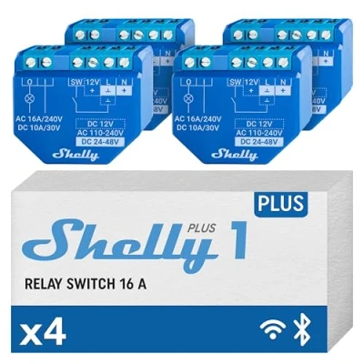 Imagen de Shelly Plus 1, Relé Interruptor Inteligente Wi Fi &amp; Bluetooth, Luces Inalámbricas, Compatible Con Alexa Google Home, Control remoto por iOS Android App, No necesita hub (4 Piezas)