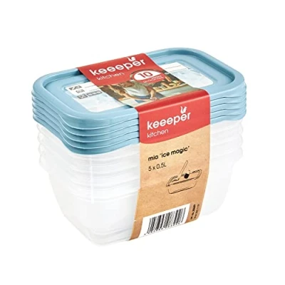 Imagen de keeeper Set de 5 recipientes congelación, Tapas con etiquetas reutilizables, x 500 ml, 15,5 10,5 6 cm, Mia Magic Ice, Azul Nordic