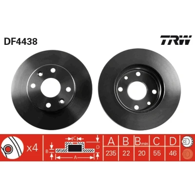 Imagen de TRW DF4438 Disco de freno 235 22 4 100 ventilado barnizado altamente carbonizado KIA: Rio I Familiar, Berlina